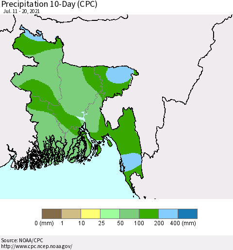 Bangladesh Precipitation 10-Day (CPC) Thematic Map For 7/11/2021 - 7/20/2021