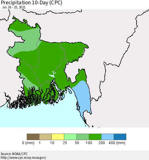 Bangladesh Precipitation 10-Day (CPC) Thematic Map For 7/16/2021 - 7/25/2021