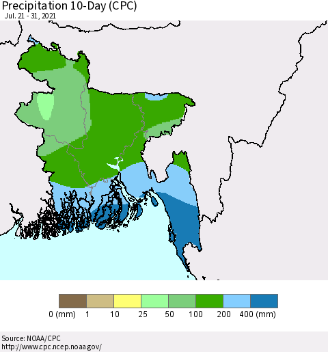 Bangladesh Precipitation 10-Day (CPC) Thematic Map For 7/21/2021 - 7/31/2021