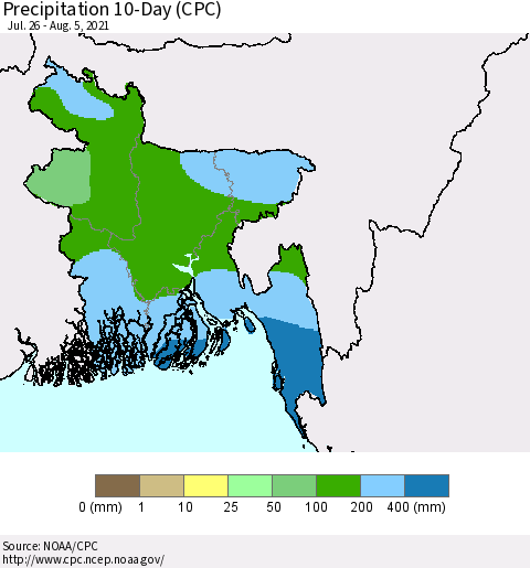 Bangladesh Precipitation 10-Day (CPC) Thematic Map For 7/26/2021 - 8/5/2021