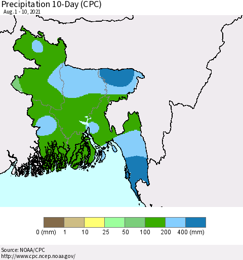 Bangladesh Precipitation 10-Day (CPC) Thematic Map For 8/1/2021 - 8/10/2021