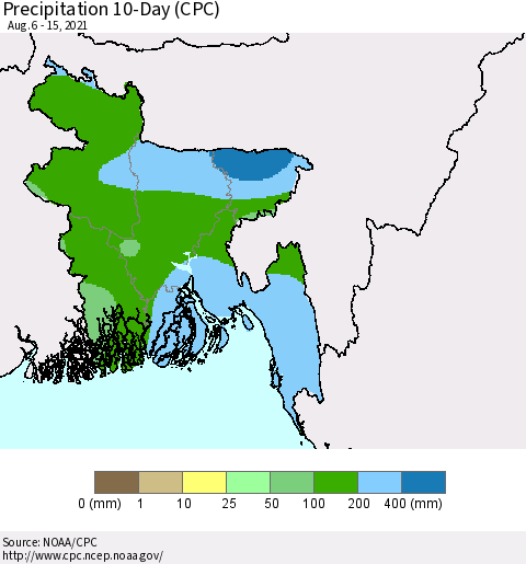 Bangladesh Precipitation 10-Day (CPC) Thematic Map For 8/6/2021 - 8/15/2021