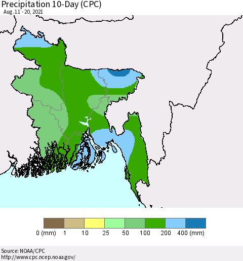 Bangladesh Precipitation 10-Day (CPC) Thematic Map For 8/11/2021 - 8/20/2021