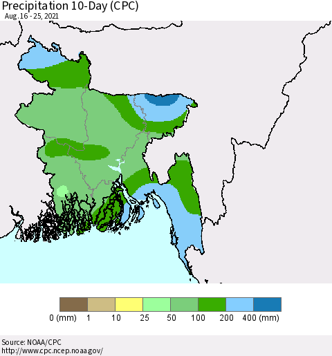 Bangladesh Precipitation 10-Day (CPC) Thematic Map For 8/16/2021 - 8/25/2021