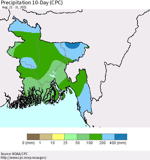 Bangladesh Precipitation 10-Day (CPC) Thematic Map For 8/21/2021 - 8/31/2021