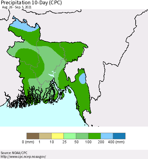 Bangladesh Precipitation 10-Day (CPC) Thematic Map For 8/26/2021 - 9/5/2021