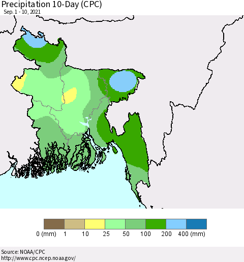 Bangladesh Precipitation 10-Day (CPC) Thematic Map For 9/1/2021 - 9/10/2021