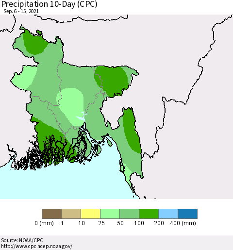 Bangladesh Precipitation 10-Day (CPC) Thematic Map For 9/6/2021 - 9/15/2021
