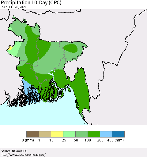 Bangladesh Precipitation 10-Day (CPC) Thematic Map For 9/11/2021 - 9/20/2021