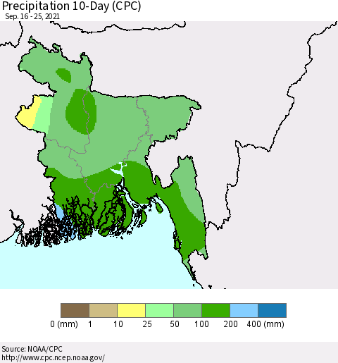 Bangladesh Precipitation 10-Day (CPC) Thematic Map For 9/16/2021 - 9/25/2021