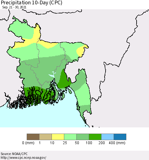 Bangladesh Precipitation 10-Day (CPC) Thematic Map For 9/21/2021 - 9/30/2021
