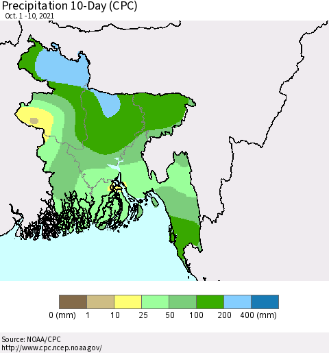 Bangladesh Precipitation 10-Day (CPC) Thematic Map For 10/1/2021 - 10/10/2021