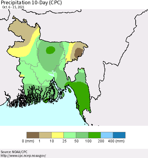 Bangladesh Precipitation 10-Day (CPC) Thematic Map For 10/6/2021 - 10/15/2021
