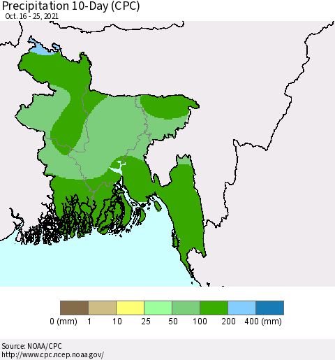 Bangladesh Precipitation 10-Day (CPC) Thematic Map For 10/16/2021 - 10/25/2021
