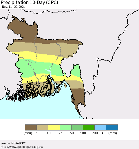 Bangladesh Precipitation 10-Day (CPC) Thematic Map For 11/11/2021 - 11/20/2021