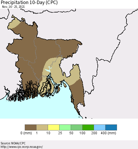Bangladesh Precipitation 10-Day (CPC) Thematic Map For 11/16/2021 - 11/25/2021
