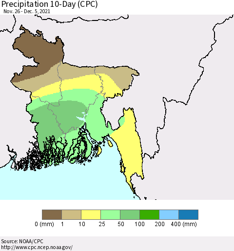Bangladesh Precipitation 10-Day (CPC) Thematic Map For 11/26/2021 - 12/5/2021