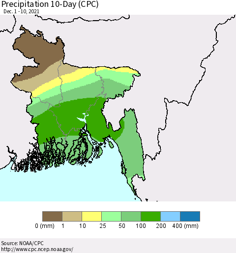Bangladesh Precipitation 10-Day (CPC) Thematic Map For 12/1/2021 - 12/10/2021