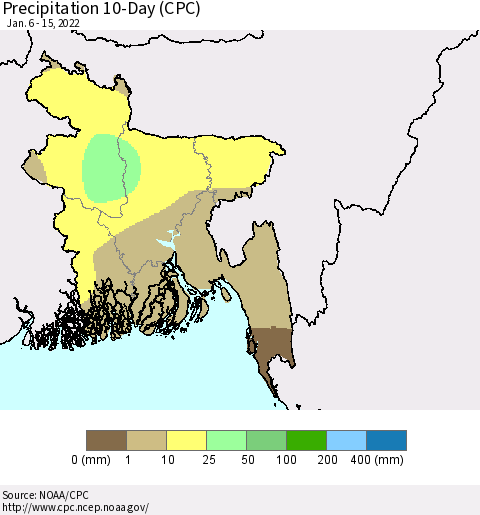 Bangladesh Precipitation 10-Day (CPC) Thematic Map For 1/6/2022 - 1/15/2022