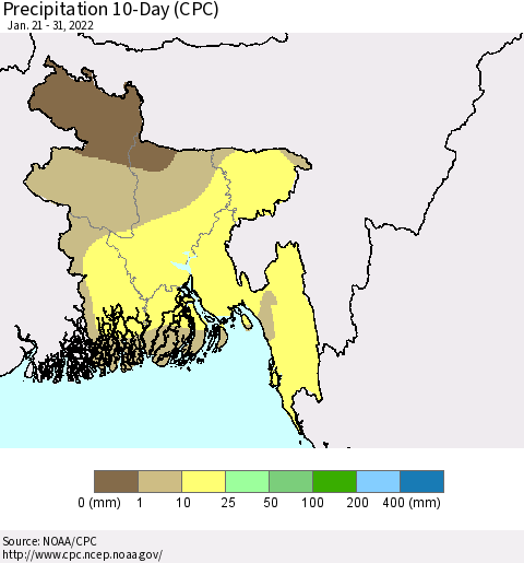 Bangladesh Precipitation 10-Day (CPC) Thematic Map For 1/21/2022 - 1/31/2022