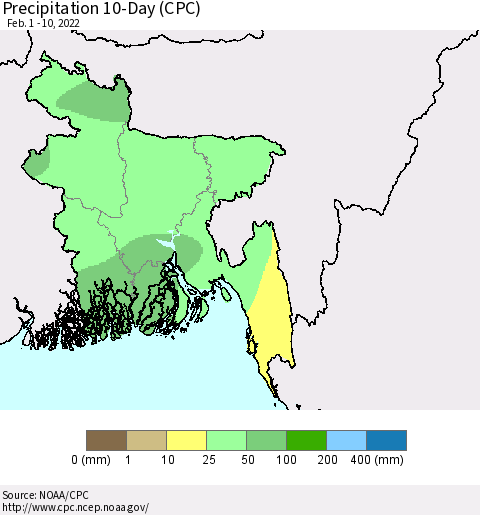 Bangladesh Precipitation 10-Day (CPC) Thematic Map For 2/1/2022 - 2/10/2022
