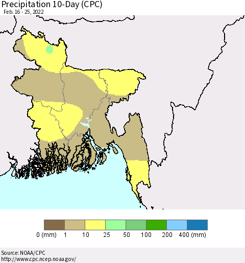 Bangladesh Precipitation 10-Day (CPC) Thematic Map For 2/16/2022 - 2/25/2022