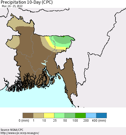 Bangladesh Precipitation 10-Day (CPC) Thematic Map For 3/16/2022 - 3/25/2022