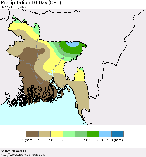 Bangladesh Precipitation 10-Day (CPC) Thematic Map For 3/21/2022 - 3/31/2022