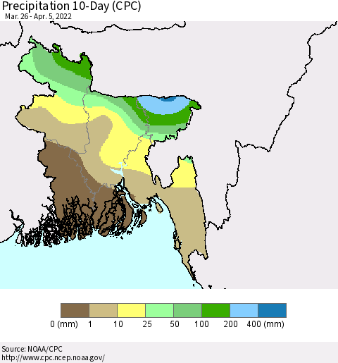 Bangladesh Precipitation 10-Day (CPC) Thematic Map For 3/26/2022 - 4/5/2022