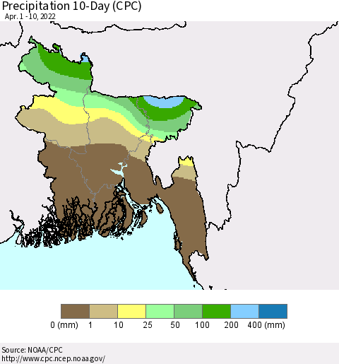 Bangladesh Precipitation 10-Day (CPC) Thematic Map For 4/1/2022 - 4/10/2022