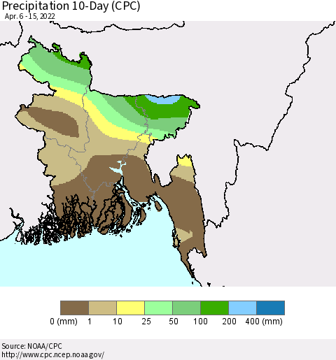 Bangladesh Precipitation 10-Day (CPC) Thematic Map For 4/6/2022 - 4/15/2022