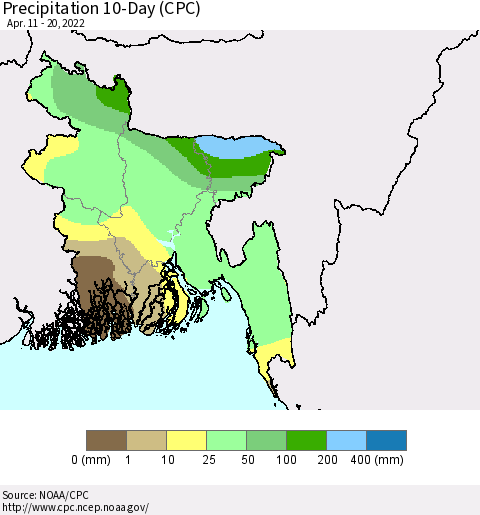 Bangladesh Precipitation 10-Day (CPC) Thematic Map For 4/11/2022 - 4/20/2022