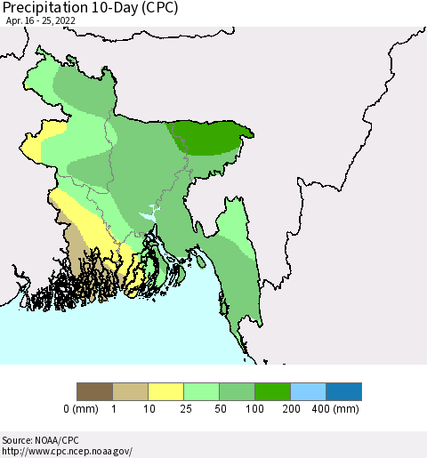Bangladesh Precipitation 10-Day (CPC) Thematic Map For 4/16/2022 - 4/25/2022