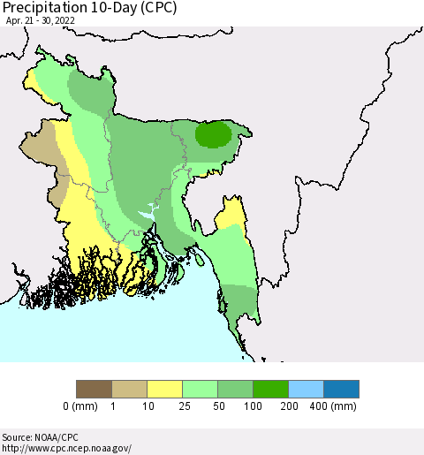 Bangladesh Precipitation 10-Day (CPC) Thematic Map For 4/21/2022 - 4/30/2022