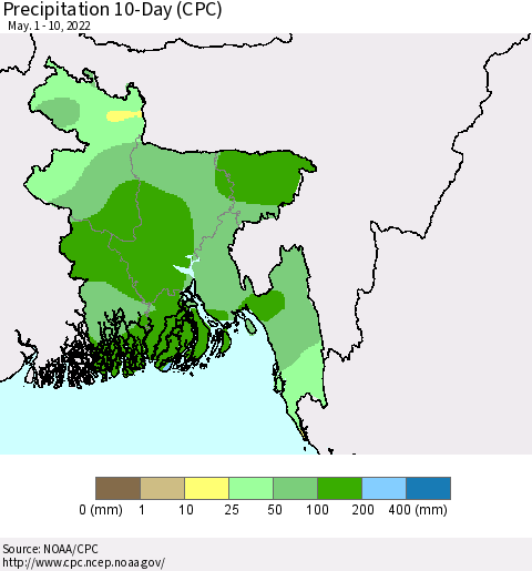 Bangladesh Precipitation 10-Day (CPC) Thematic Map For 5/1/2022 - 5/10/2022