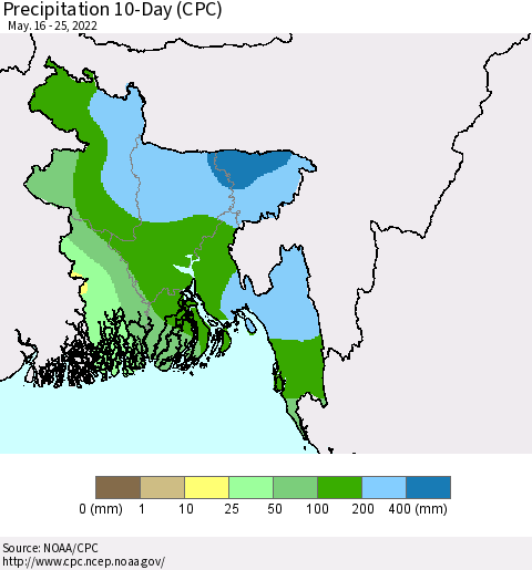 Bangladesh Precipitation 10-Day (CPC) Thematic Map For 5/16/2022 - 5/25/2022