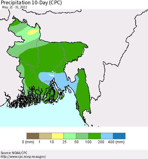 Bangladesh Precipitation 10-Day (CPC) Thematic Map For 5/21/2022 - 5/31/2022