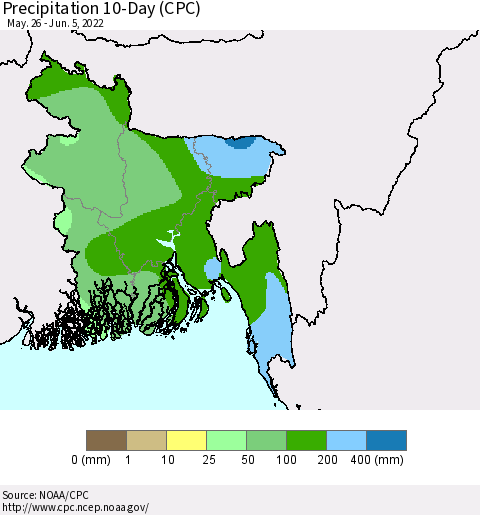 Bangladesh Precipitation 10-Day (CPC) Thematic Map For 5/26/2022 - 6/5/2022