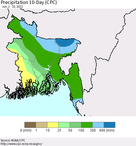 Bangladesh Precipitation 10-Day (CPC) Thematic Map For 6/1/2022 - 6/10/2022
