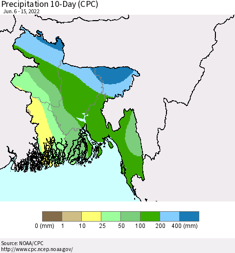 Bangladesh Precipitation 10-Day (CPC) Thematic Map For 6/6/2022 - 6/15/2022