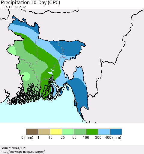 Bangladesh Precipitation 10-Day (CPC) Thematic Map For 6/11/2022 - 6/20/2022