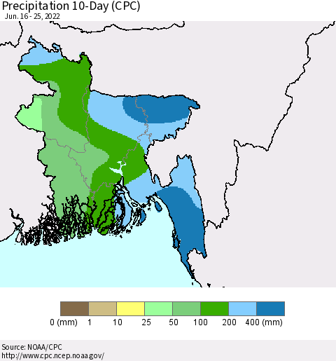 Bangladesh Precipitation 10-Day (CPC) Thematic Map For 6/16/2022 - 6/25/2022