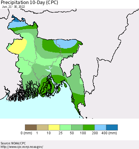 Bangladesh Precipitation 10-Day (CPC) Thematic Map For 6/21/2022 - 6/30/2022
