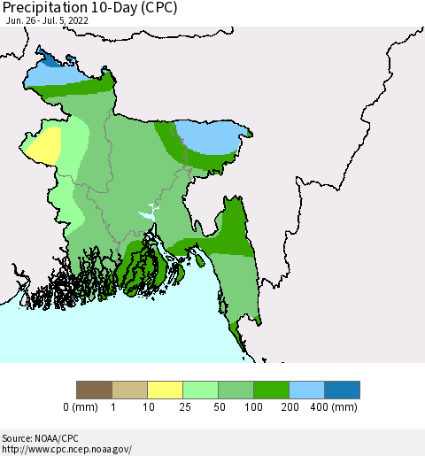 Bangladesh Precipitation 10-Day (CPC) Thematic Map For 6/26/2022 - 7/5/2022