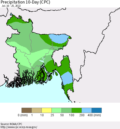 Bangladesh Precipitation 10-Day (CPC) Thematic Map For 7/16/2022 - 7/25/2022