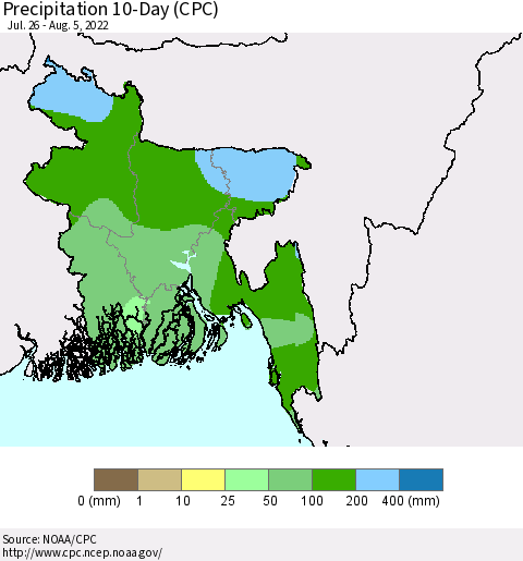 Bangladesh Precipitation 10-Day (CPC) Thematic Map For 7/26/2022 - 8/5/2022
