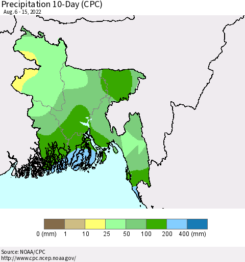 Bangladesh Precipitation 10-Day (CPC) Thematic Map For 8/6/2022 - 8/15/2022