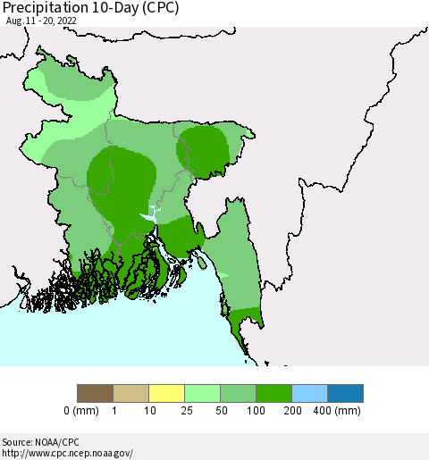 Bangladesh Precipitation 10-Day (CPC) Thematic Map For 8/11/2022 - 8/20/2022