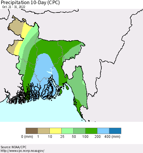 Bangladesh Precipitation 10-Day (CPC) Thematic Map For 10/21/2022 - 10/31/2022