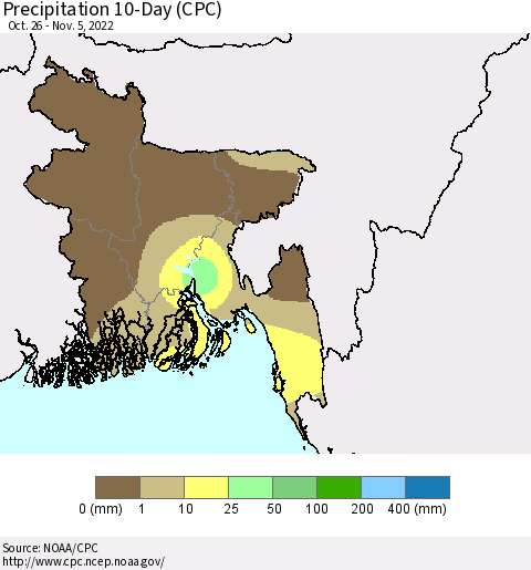 Bangladesh Precipitation 10-Day (CPC) Thematic Map For 10/26/2022 - 11/5/2022